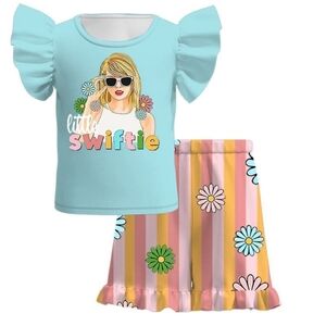 Little Swiftie Ruffle Sleeve Top and Striped Skirt Set